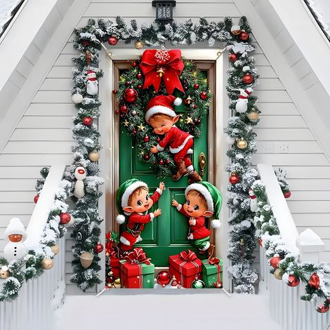 Nouvelle décoration de porte de Noël, motif Père Noël, pour jardin, cour ou extérieur - 90 x 180 cm (perforée + ruban) - 15