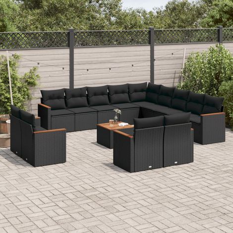 14-tlg. Garten-Sofagarnitur mit Kissen Schwarz Poly Rattan (1/3)