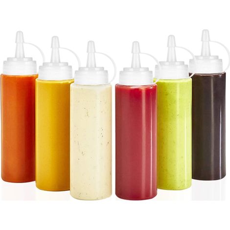 Lot de 6 flacons doseurs de 240 ml pour condiments, huile, vinaigre, sauce piquante, miel, moutarde, ketchup, peinture, colle, liquide. Bouchons à visser et emballage plastique transparent.