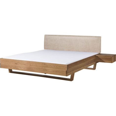 Lit avec table de nuit à droite en bois de chêne 160x200x86 naturel huilé, tête de lit beige FICHTELBERG 130 (1/3)