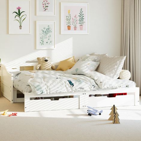 Canapé-Lit Extensible 90/180x200cm, Lit Bois Massif, Lit Gigogne avec Tiroirs de Rangement Intégré, Lit Simple Convertible en Lit Double,Blanc