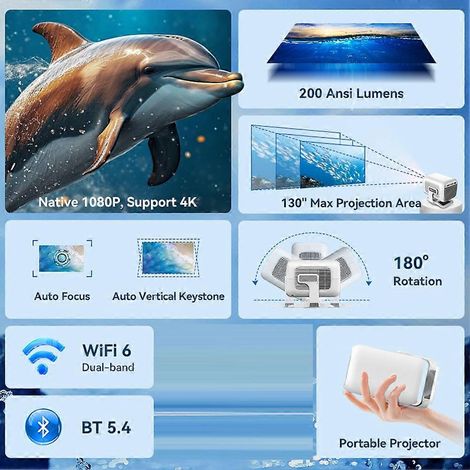 Projecteur Full HD 4K à mise au point automatique, compatible avec les films, le WiFi, les systèmes Android, les téléviseurs intelligents, les home cinémas, les vidéoprojecteurs portables, prise stand (1/4)