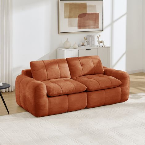 Canapé droit 2 places à assise profonde, capitonnage carré, mousse haute densité 32D, sans montage, chenille, design minimaliste, orange (1/5)