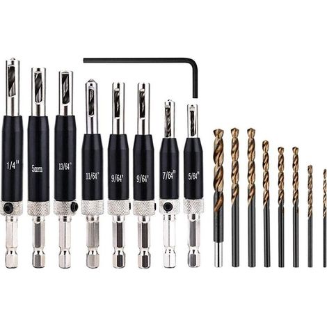 Hinge Drill Bit Set, 16pcs Self-Centering HSS Hinge Drill Bits for Wood Door Window Cabinet Drawer Pilot Hole, Replacement Bits and 1pc Hex Key, 5/64"-1/4 (1/5)