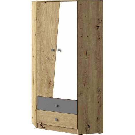 Armoire d'angle Almira 101, Chêne Artisan + Blanc + Gris, 191x87x87cm, Portes d'armoire: Avec des charnières, Nombre d'étagères: 3