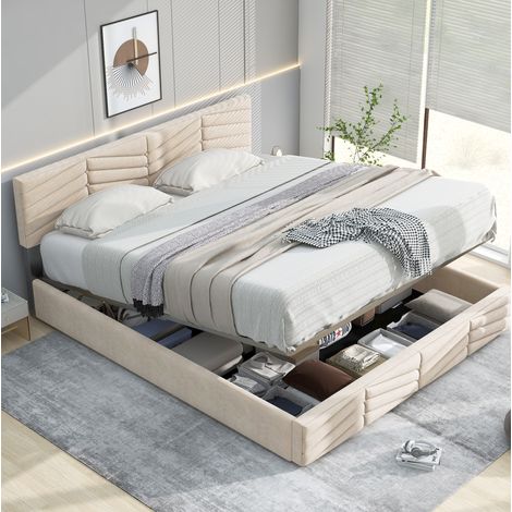 Cama tapizada de terciopelo holandés beige 140x190 cm con somier de láminas y cabecero ajustable (1/5)