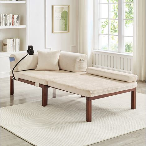 Sofá cama plegable de madera y terciopelo, cama individual, beige 176 x 81 x 64 cm DESVIAE (1/5)