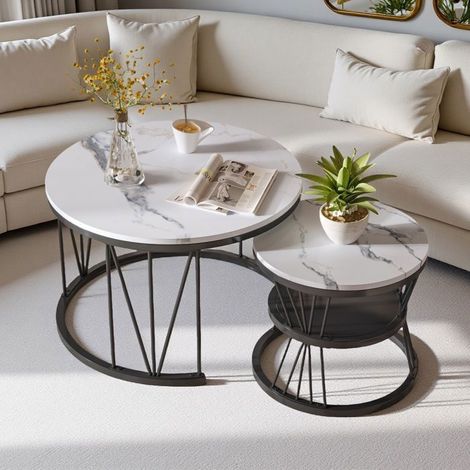 Mesa Baja Plegable Redonda - Mármol Blanco & Soporte en V Negro - 2 Piezas - Diseño Contemporáneo