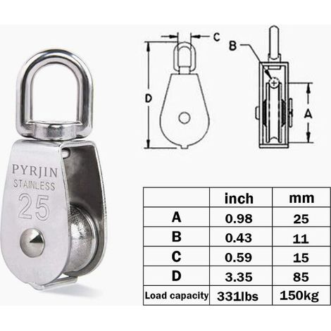 Seilrolle, Heberolle, 2 Stück M25 304 Edelstahl-Einzelrolle,