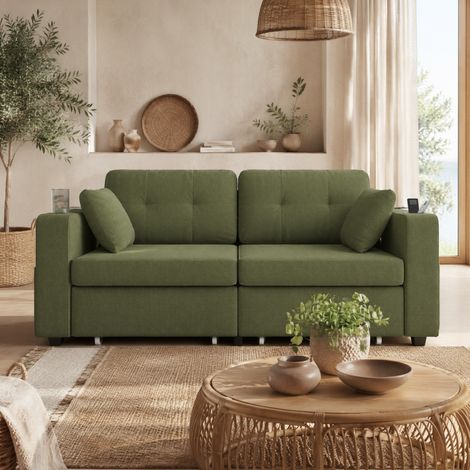 Canapé 2 places 172x75x82 cm vert olive, rangements et USB, tissu chenille MEUBLIV (1/5)