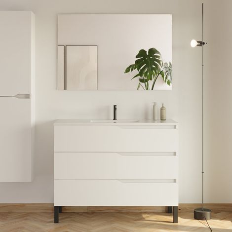 Meuble de salle de bain 100cm simple vasque - 3 tiroirs - blanc - MATA (1/5)