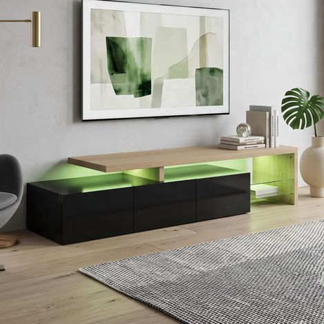 Meuble TV 200 cm avec éclairage LED et étagères en verre - Meuble Bas de Salon, design moderne, aspect bois - Meuble Télé Noir (1/5)