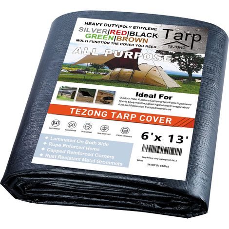 Bâche Robuste et imperméable de 1,8 x 4,9 m - Grande bâche Noire en Plastique de 3,7 mm d'épaisseur - Multifonction - pour Pluie ou Soleil, Toit, auvent, terrasse, Bois de Chauffage (1/5)