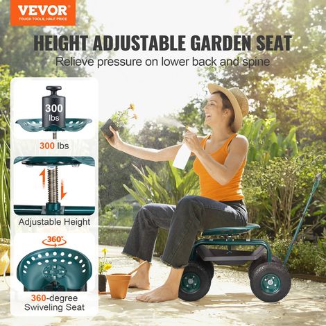Siège de Jardin Roulant Pivotant à 360° Tabouret de Jardinage sur Roues Gonflables 25,4 cm Chariot avec Siège 760x450x960 mm Poignée Extensible Plateau à Outils pour Terrasse Cour Extérieur Vert (1/5)