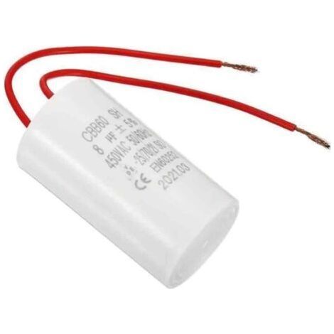 Condensateur CBB60 8uF 450V AC 2 fils 12cm 50-60Hz Film polypropylène Plastique pour Pompe à eau Blanc 1Pcs (1/5)