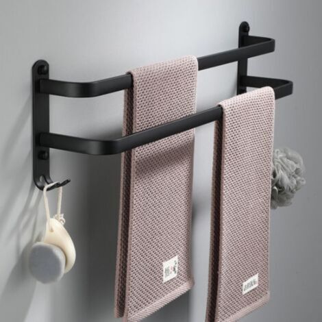 2-Tier No-Drill Towel Rack, Black Towel Holder with Hooks - Suitable for Bathroom, Bedroom - 50 cm (1/3)