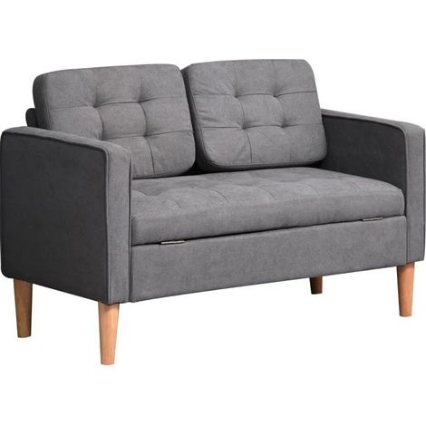 Sofá de 2 plazas de tejido gris con cojines desenfundables, madera de caucho, 117x62x78 cm (1/5)