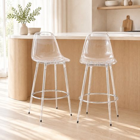 Set aus 2 transparenten Barhockern, 102 cm, mit silberfarbenen Metallbeinen (1/5)