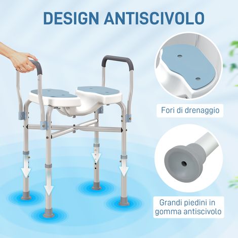 Tabouret de douche bleu, assise cannelée avec accoudoirs, réglable en hauteur, pieds anti-dérapants (1/5)
