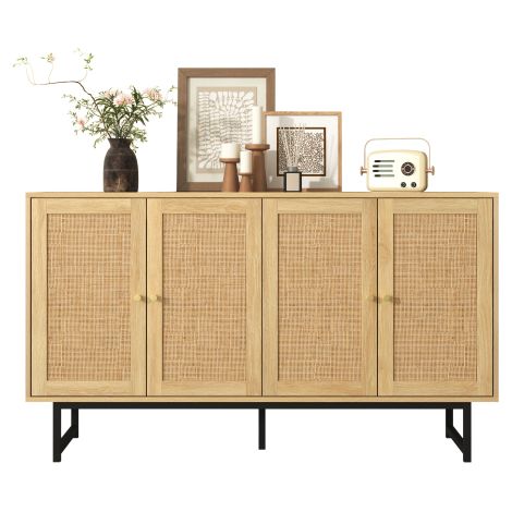 Sideboard 140x39,5x80 cm mit echtem Rattangeflecht, 4 Türen
