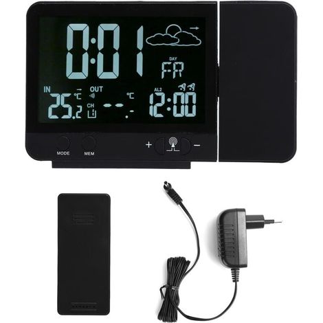Réveil à Projection Numérique Radio Reveil Projection Plafond avec Station Météo Thermomètre Fil Hygromètre de Jauge de Contrôle D'humidité de la Température avec Calendrier pour Chambres 230V (1/5)