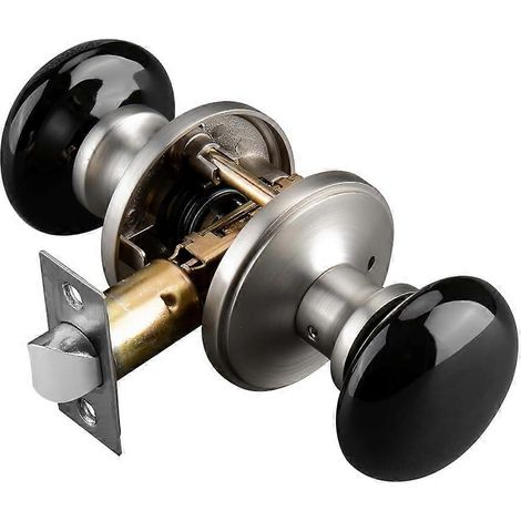 Ensemble de poignées de porte en porcelaine noire avec poignée de confidentialité en nickel satiné, finition émaillée pour chambre et salle de bain (1/5)