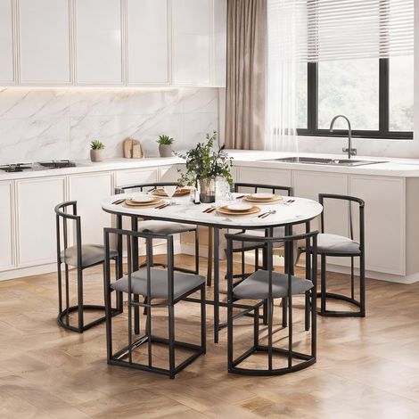 Ensemble table et 6 chaises à manger en MDF blanc et gris (1/5)