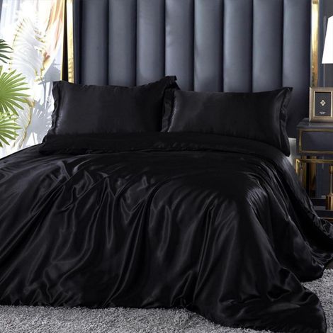 Bettwäsche-Set 135x200cm 4tlg Schwarz Glanz Satin Microfaser mit Reißverschluss