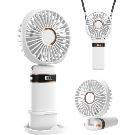 Ventilateur portable à main, avec base, 5 vitesses réglables, rechargeable par USB, idéal pour les voyages et le bureau (blanc) (1/5)