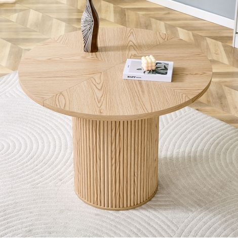 Mesa de comedor redonda de 100 cm en MDF, efecto madera clara, base cilíndrica y metal HAVRYA (1/5)