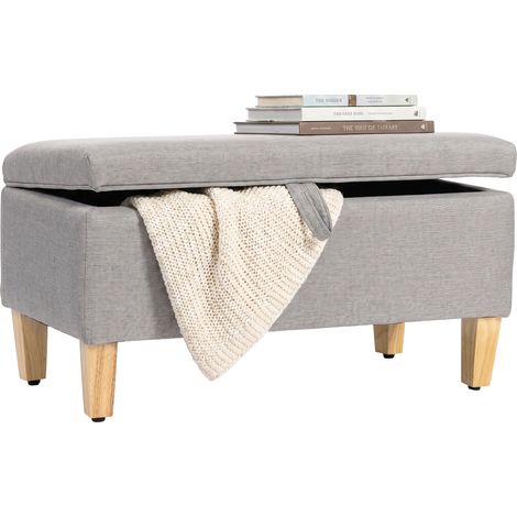 Banc de rangement - HOMCOM - assise rembourrée en lin avec pieds en bois de caoutchouc - 71x37x36cm - gris clair (1/5)
