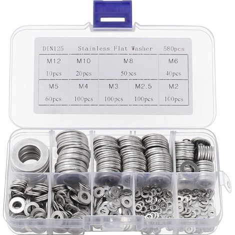 Rondelle Inox avec Bote de Rangement (Lot de 580) - Assortiment de 9 Tailles M2, M2.5, M3, M4, M5, M6, M8, M10 & M12 - Lot de Rondelles Mtal - Rparations, Usines & Dcoration Intrieure (1/5)
