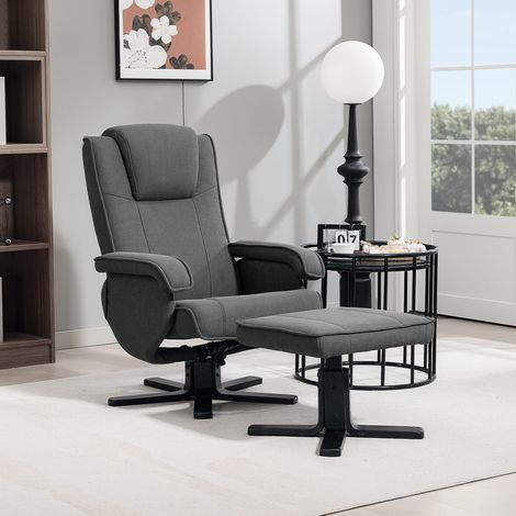 Sillón reclinable mecedor con reposapiés, tapizado en tela con aspecto de terciopelo, silla giratoria tapizada, estructura de madera, gris.