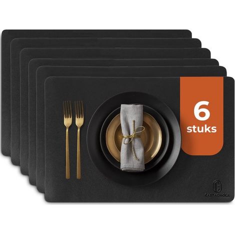 Sets de table aspect cuir Castagnola - Set de table antidérapant en similicuir - Dessous de plat hydrofuge - Dessous de verre - Sets de table en plastique - 6 pièces - 45 x 30 cm - Noir (1/4)