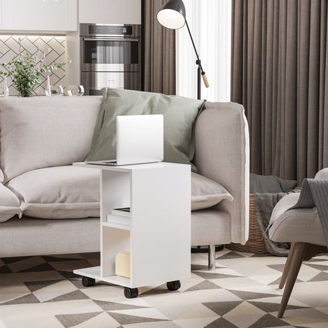 Table basse en forme de C avec 2 étagères ouvertes et 4 roues - 45x35x58 cm - métal d’ingénierie - blanche