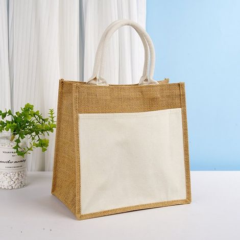 1 borsa in lino, stile retrò, borsa vuota in juta, ecologica, di alta qualità, semplice borsa per la spesa, 30 x 30 x 19 cm (1/5)