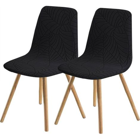 Housse de chaise de salle à manger élastiquée, à motif de feuilles, amovible et lavable, lot de 2 - noire. (1/5)