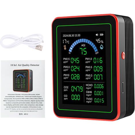 DEESSE SHOP-Moniteur de CO2, compteurs de qualité de l’air intérieur 18 en 1, détecteur portable de dioxyde de carbone, CO2 TVOC HCHO PM2.5 PM10 Testeur pour la maison et le bur (1/5)