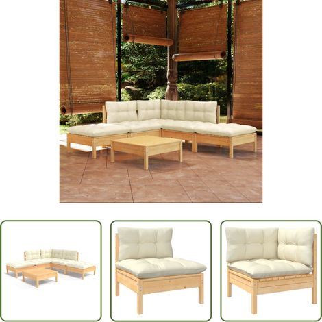 Holzgartenmöbel - 6-tlg. Garten-Lounge-Set mit Creme Kissen Kiefernholz (1/5)
