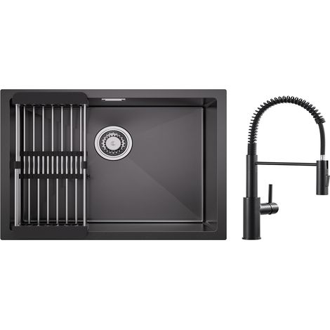 Fregadero de cocina de acero inoxidable de 1 seno de 60 × 44 cm con escurridor y grifo mezclador de cocina con resorte negro y rociador extraíble (1/5)