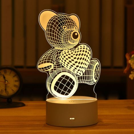 Veilleuse LED 3D pour enfant, lampe de chevet créative en forme de cœur ou d'ours, coffret cadeau décoratif pour la maison.