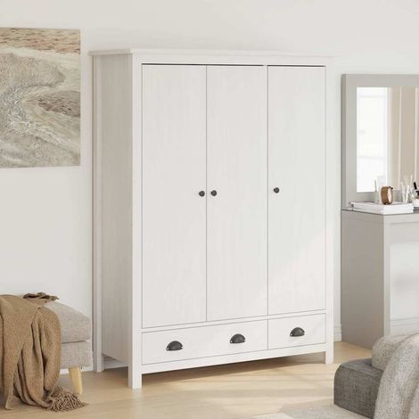 Armadio guardaroba a 3 ante con cassetti in legno massello di pino bianco 127 x 50 x 170 cm - PANGIVO (1/5)