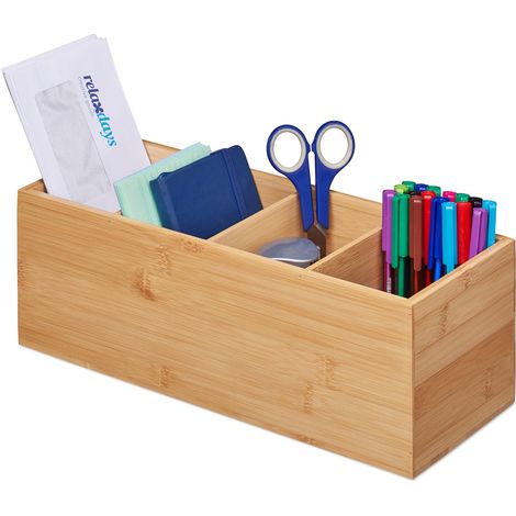 Relaxdays Ordnungsbox, 4 Fächer, Bambus, HBT 12 x 35 x 14 cm, Büro, Küche, Bad, stabil, vielseitig, Utensilienbox, natur
