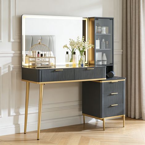 Coiffeuse miroir led Moderne avec Prise & Socket, Bureau de Vanité de Maquillage avec 5 Tiroirs & Étagères de Rangement, Coiffeuse bois Ampli - Panneau de Particules Noir (1/5)