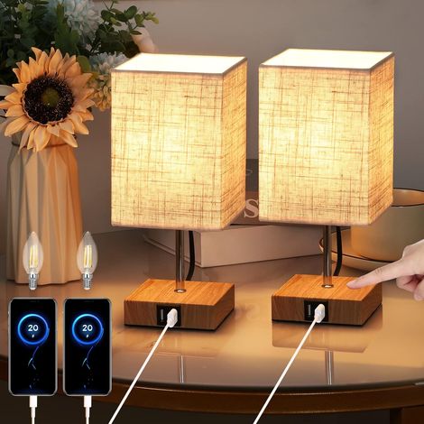 2pcs Touch Bedside Lamp 3 Intensity 2 USB Ports with E14 Bulb Fabric Shade Table Lamp for Bedside Bar Living Room Hotel Cafe Children's Room Living Room Office (Warm White) Wood Square (1/5)