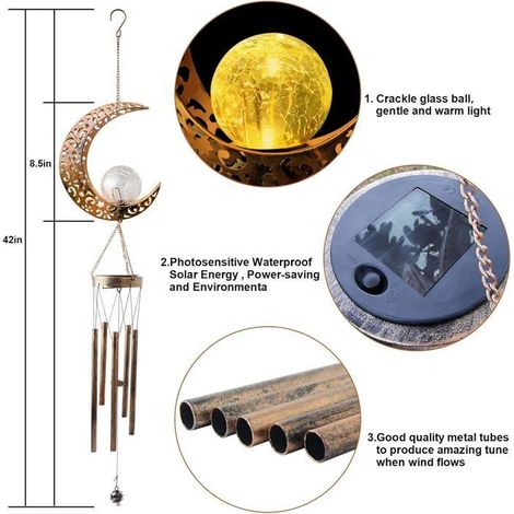 Carillon éolien lunaire – Boule en verre craquelé à LED, design lune creuse en métal, décoration extérieure pour jardin, terrasse, (1/4)