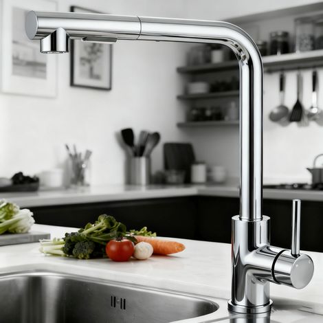 Ocean Sanitaire – Robinet de cuisine mitigeur 304 inox extractible 360° – Douchette extensible 40 cm – 2 jets – Installation facile avec flexibles G3/8"