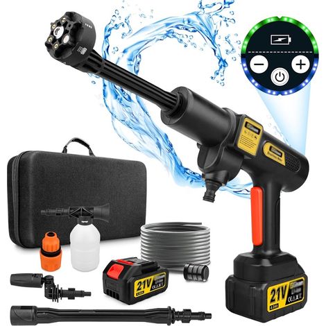 Nettoyeur Haute Pression à Batterie, Max 943 PSI avec 2 x 4000mah Batteries, Pulvérisateur de Mousse, 6-en-1 Multi-Usage Buse et 180° Buse Pivotante pour Le Nettoyage et Arrosage