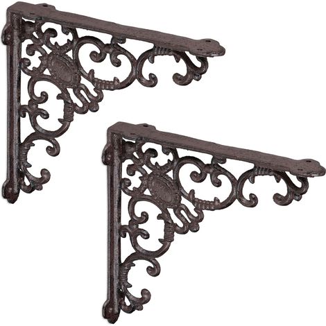 Relaxdays 2x Shelf Brackets, Cast Iron, Rack Support, Vintage Motif, HWD: 21.5 x 4 x 21.5 cm, Angle for Shelves, Brown (1/5)