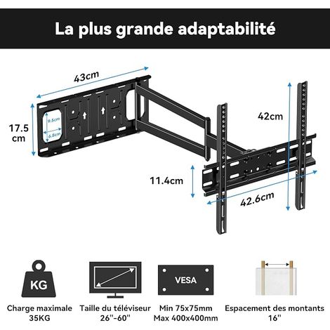 Long Range TV Wall Mount with 650mm Extension, Tilt and Swivel TV Wall Mount for 26-60 Inch Screens up to 35 kg, Max VESA 400 x 400 mm (1/4)